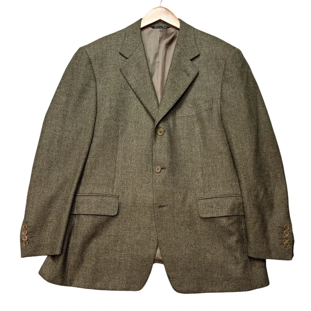 Canali Blazer Mens 48 Brown Flap Pocket Wool Cashmere Houndstooth Sport Coat